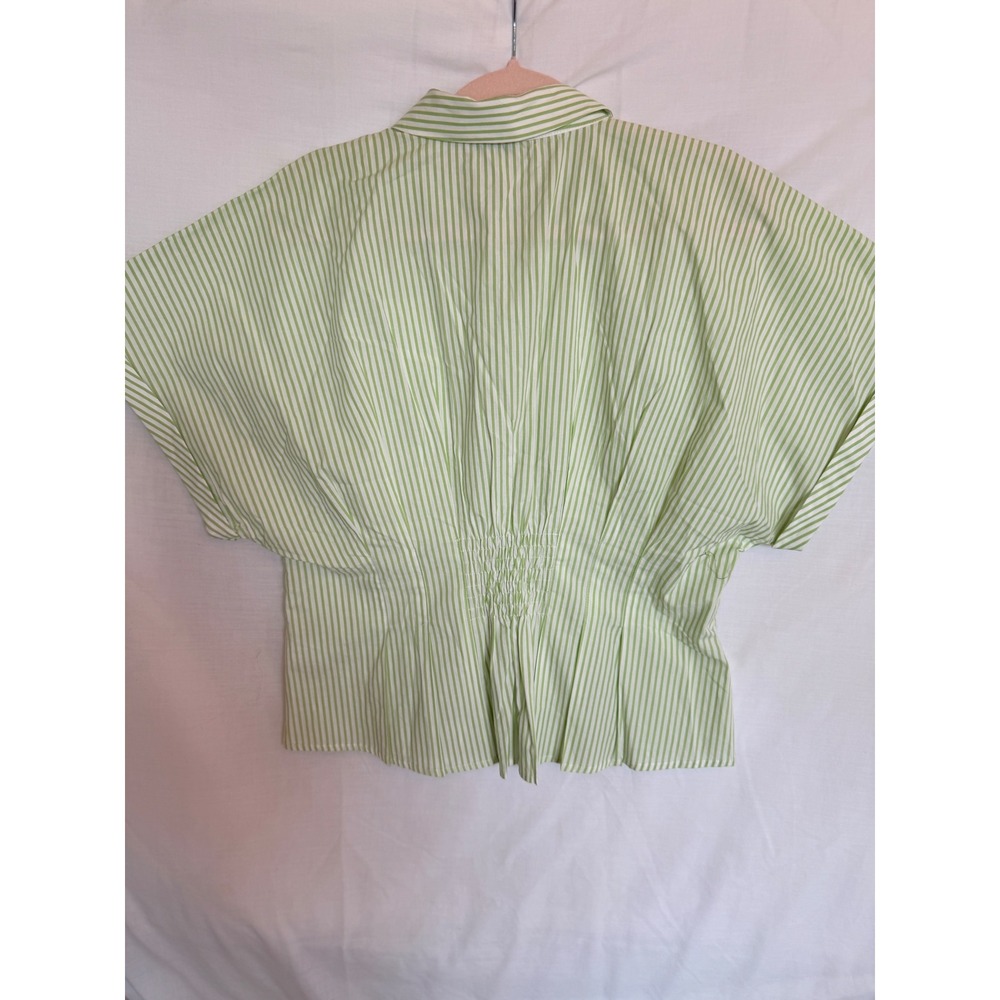 CeCe Womens Green White Striped Smocked Back Cotton Button Up Shirt Large - Picture 2 of 9